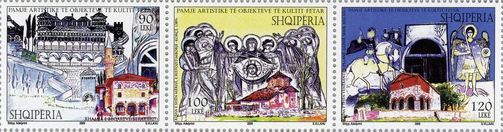 #2881 Albania - Religious Art and Buildings, Strip of 3 (MNH)