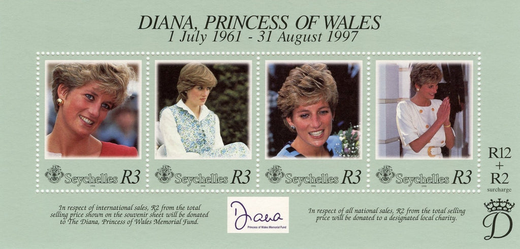 #802 Seychelles - 1998 Diana, Princess of Wales, Sheet of 4 (MNH)