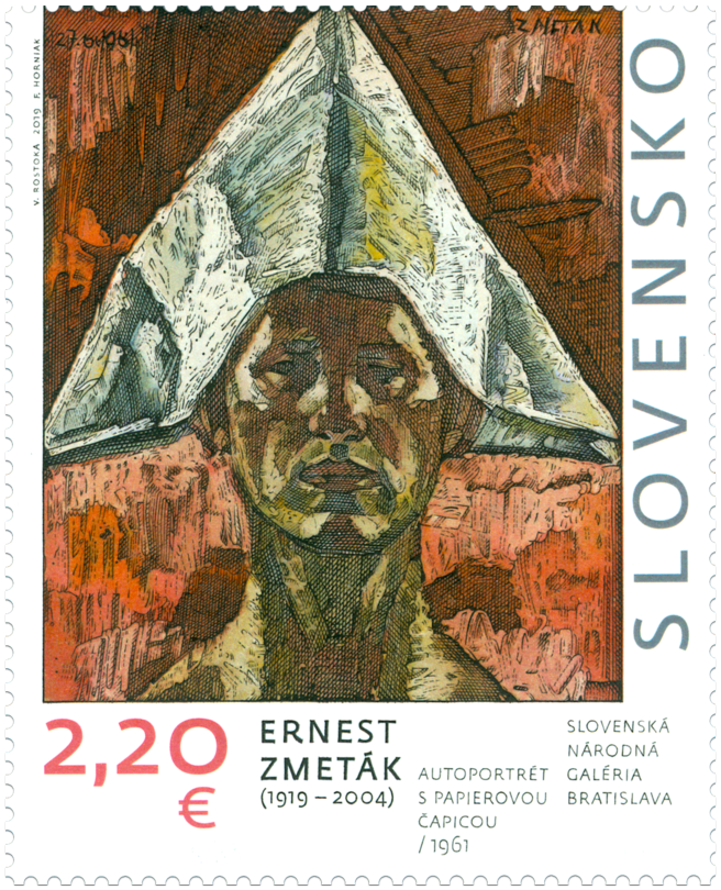 #831 Slovakia - Art: Self-Portrait with a Paper Cup, by Ernest Zmetak (MNH)